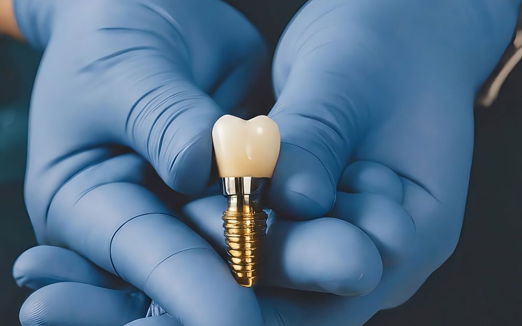 dentist holding dental implant model